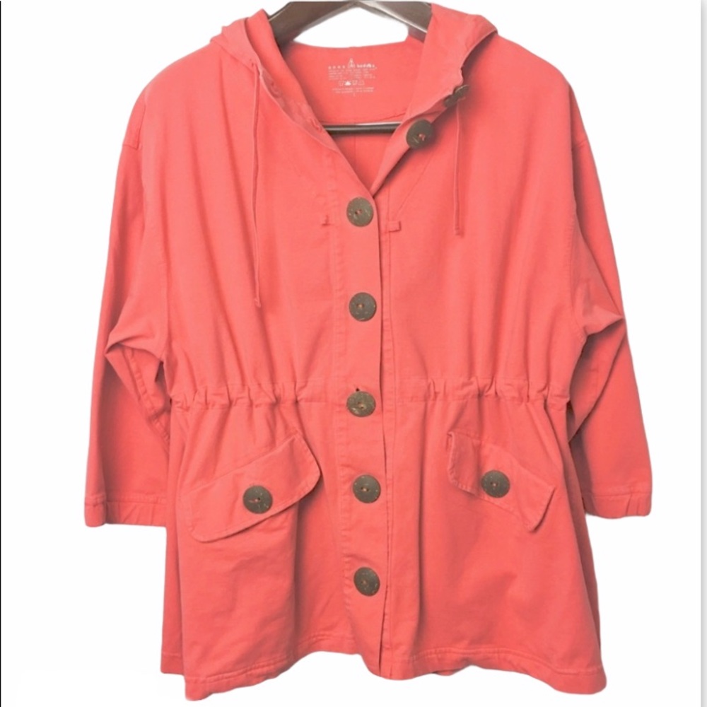 Neon Buddha•Coral button jacket with hood•Large 3/4 sleeves